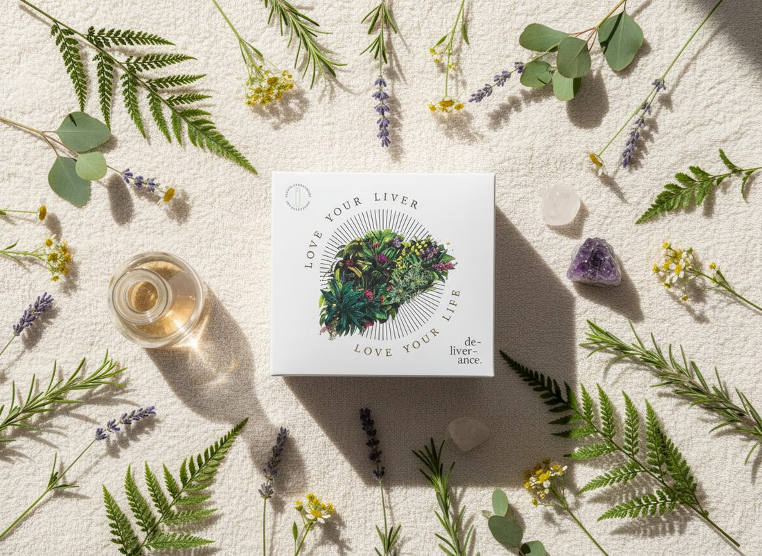 de-liver-ance carton in a flat-lay of botanicals and dried flowers