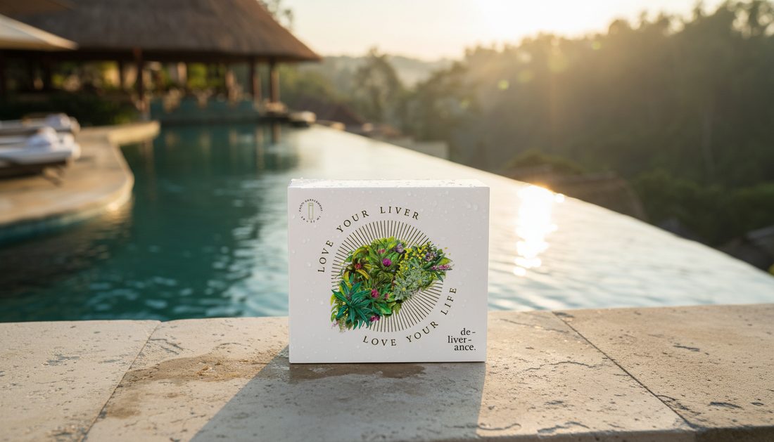 de-liver-ance carton beside an infinity pool at sunset