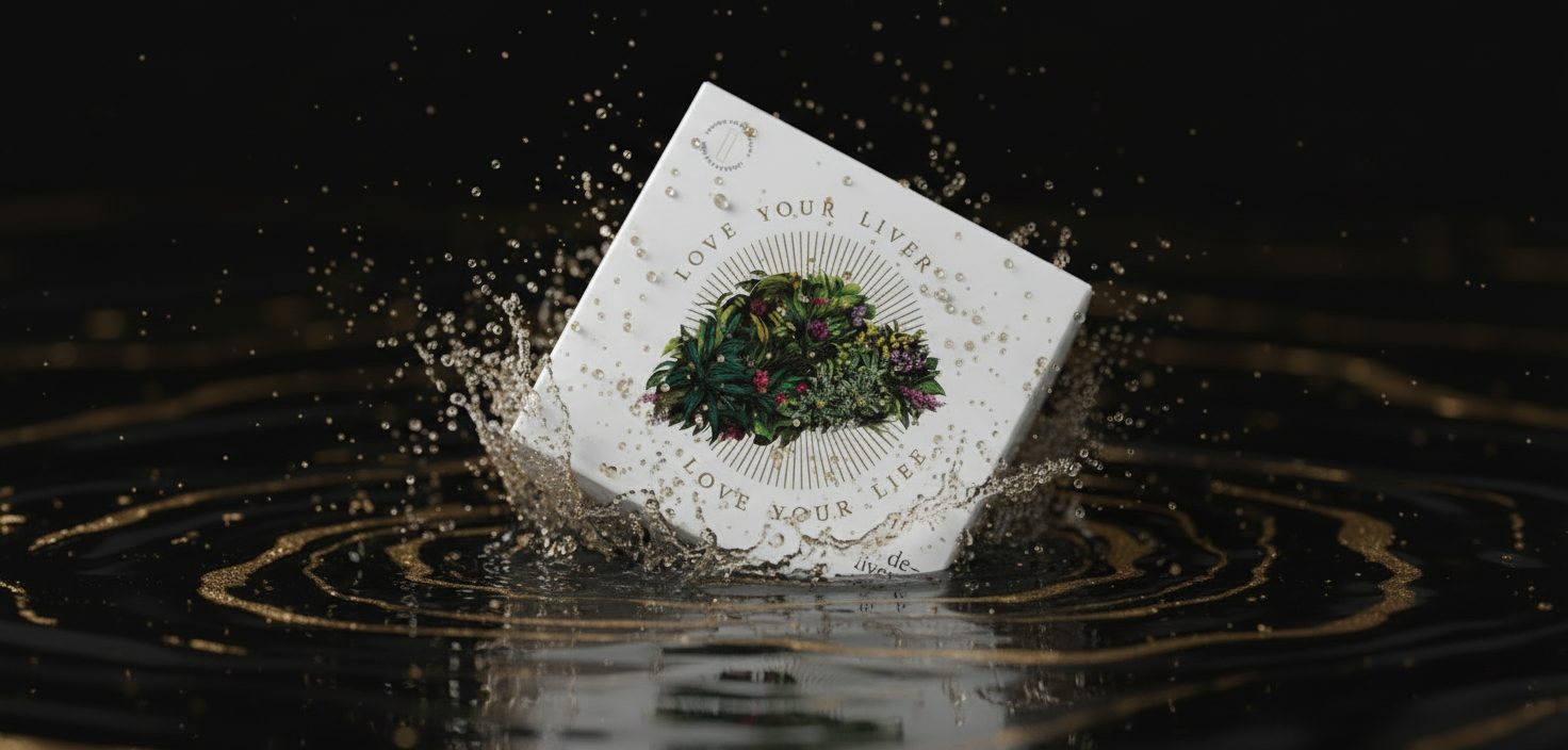 de-liver-ance carton striking water, lit against a dark background